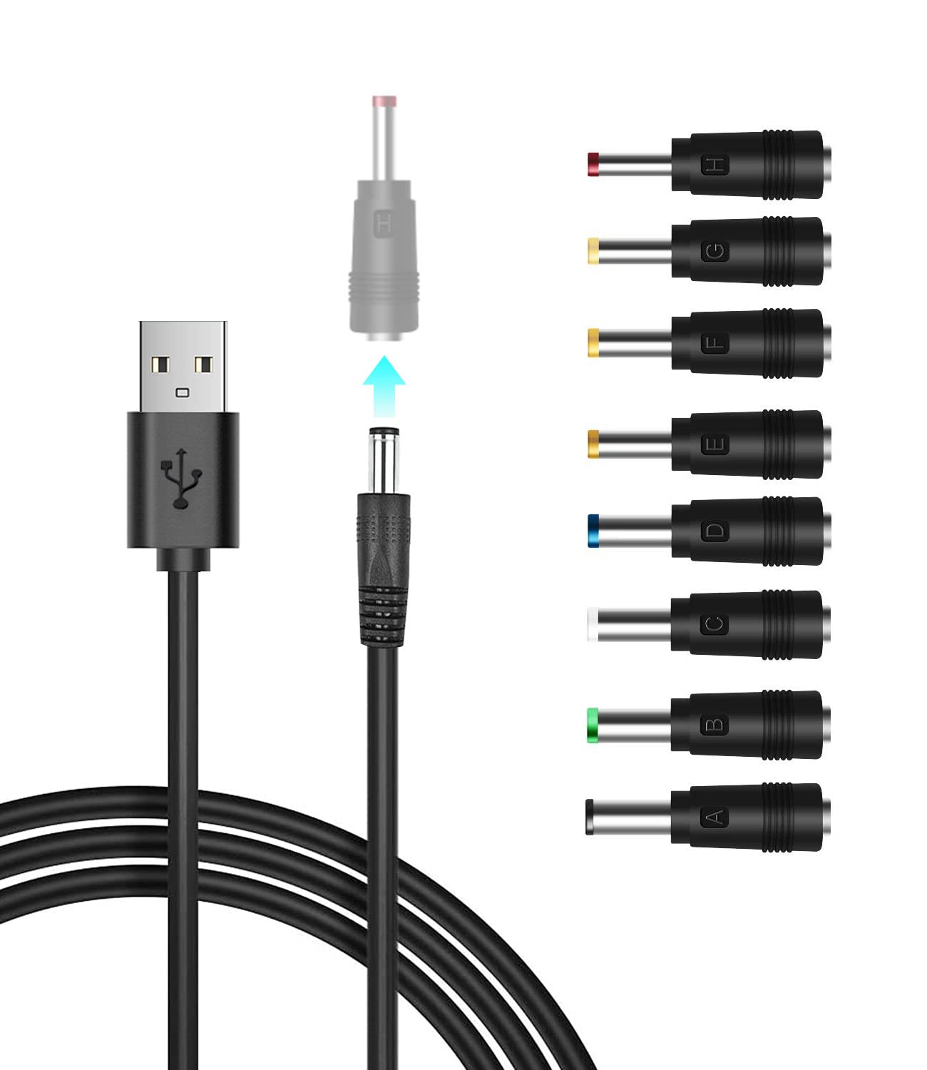5V Dc Power Cable, Usb To Dc 5.5X2.1Mm Plug Charging Cord With 8 Connectors Adapters Fit For Speaker, Router, Led Light, Moon La