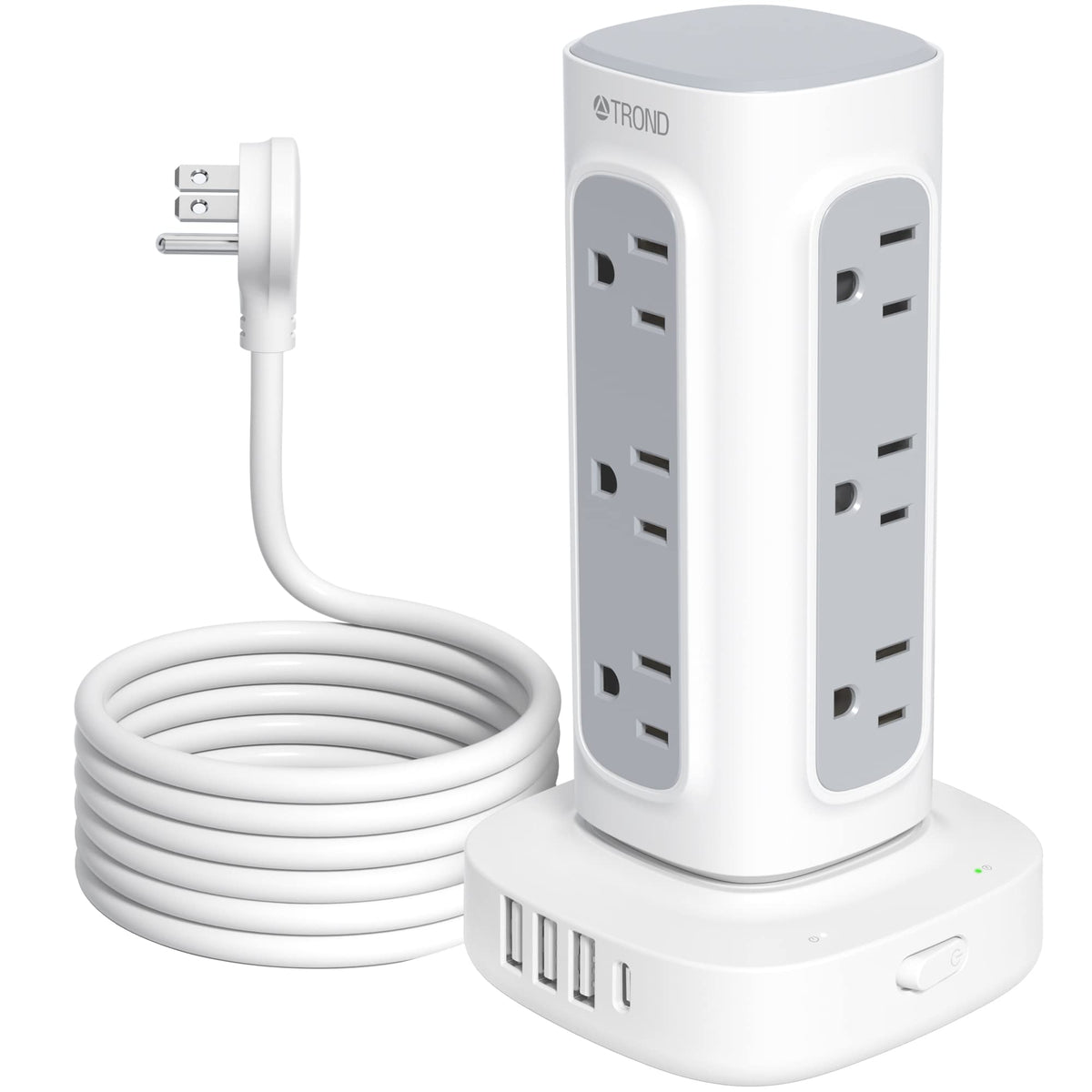 Power Strip Tower, Trond 6Ft Flat Plug Extension Cord With Multiple Outlets, 12 Outlets 3 Usb Ports(1 Usb C Charger), 1700J Surg