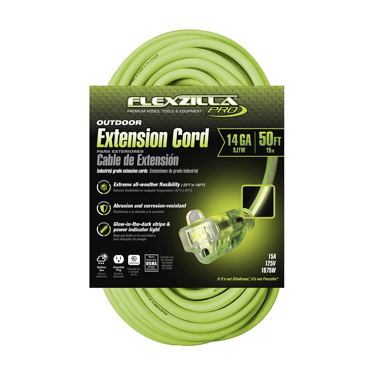 Flexzilla Pro Extension Cord, 14/3 Awg Sjtw, 50 Ft., Lighted Plug, Indoor/Outdoor, Zillagreen   Fz512730
