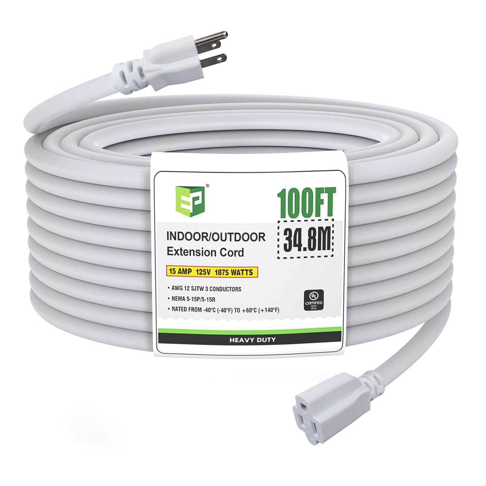 Ep 100 Ft Outdoor Extension Cord, 12/3 Sjtw Heavy Duty Extension Cable With 3 Prong Grounded Plug, 15 Amp Power Cord For Lawn, G