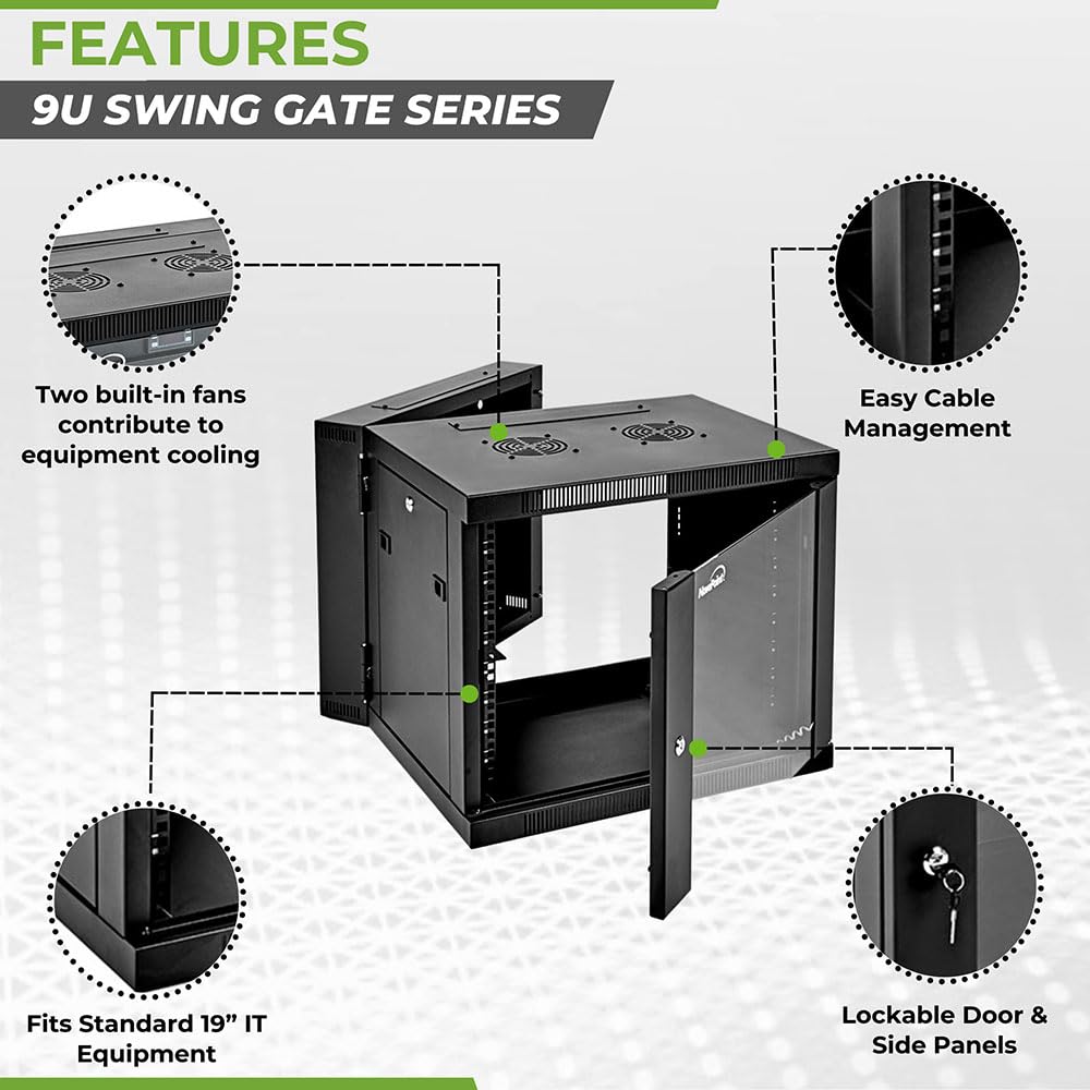 Navepoint 9U Server Cabinet With Hinged Back   21.6    Deep, 9U Server Rack Enclosure With Locking Glass Door, Wall Mount Rack W