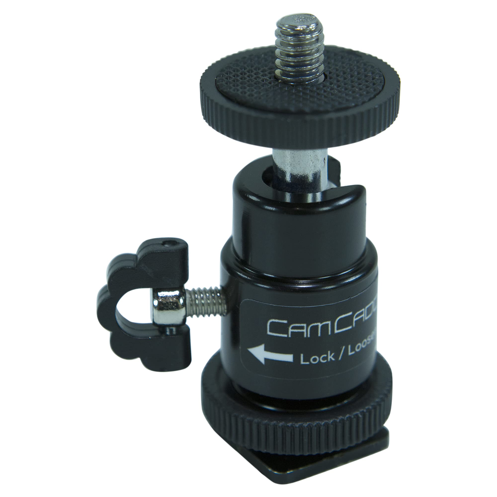 Cam Caddie� 360� Metal / Steel Mini Ball Head With Lock And Hot Shoe Adapter   Most Versatile Ball Head Available With All 3 Mounting Options: Flash Shoe, �� � 20 Threaded Post + ��  20 Socket