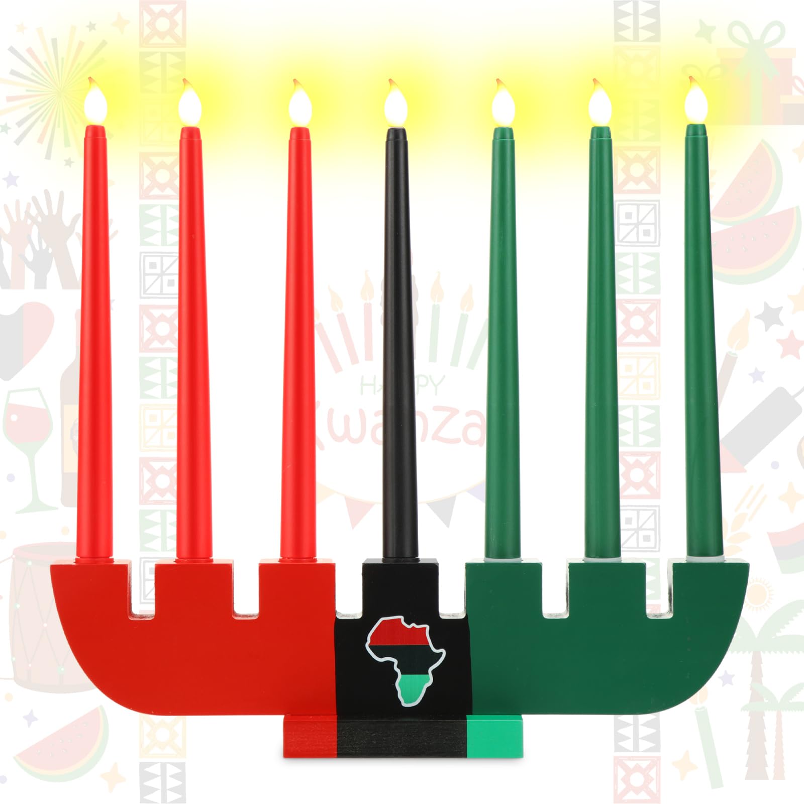 8 Pieces Kwanzaa Kinara Set 7 Kwanzaa Led Candles And 1 Candle Holder Flameless Battery Powered Electric Taper Candle With Wood