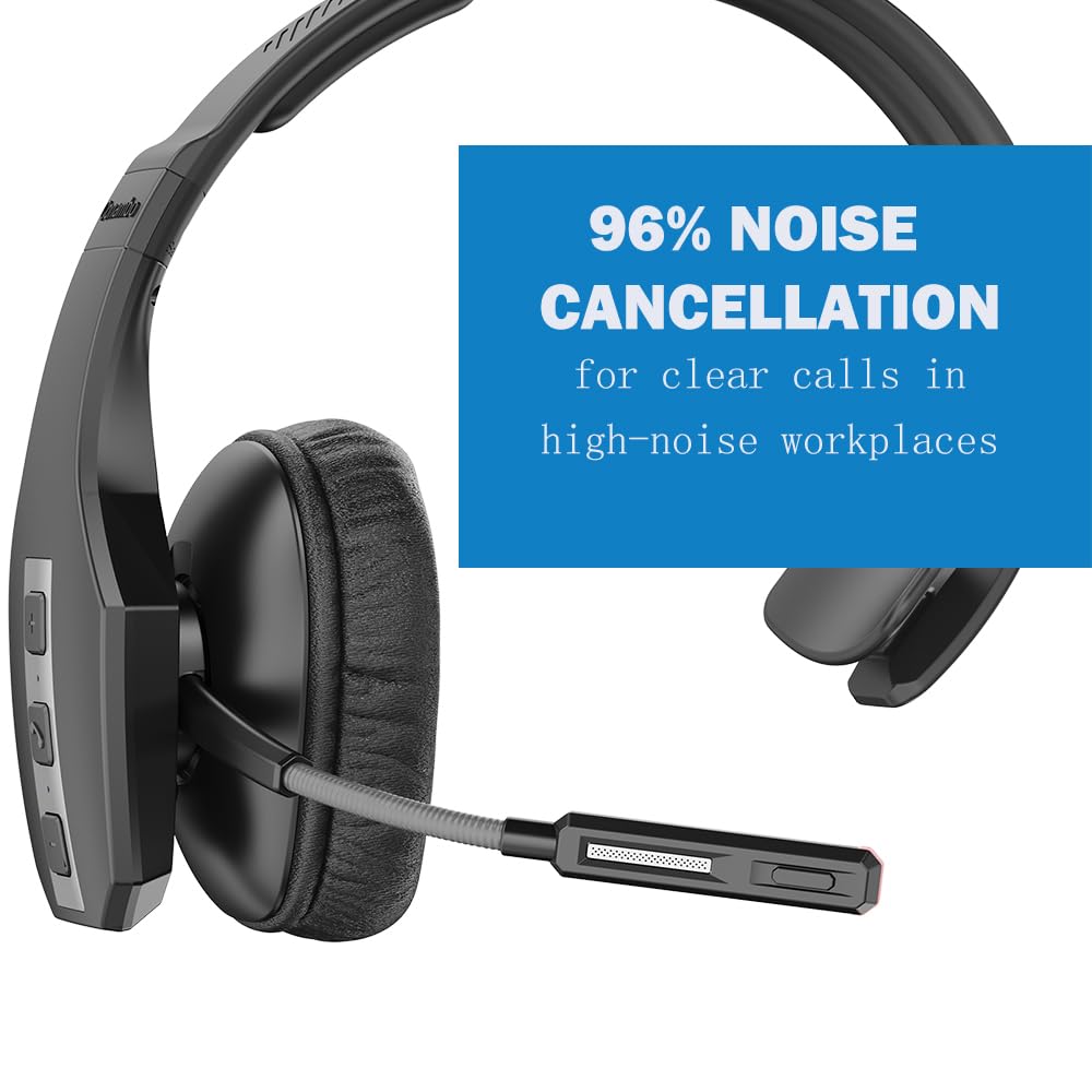 Conambo Bluetooth Headset, CVC 8.0 Noise Cancelling, 35Hrs Talktime, Wireless Handsfree, Large, Black, Mute Button for Drivers & Office