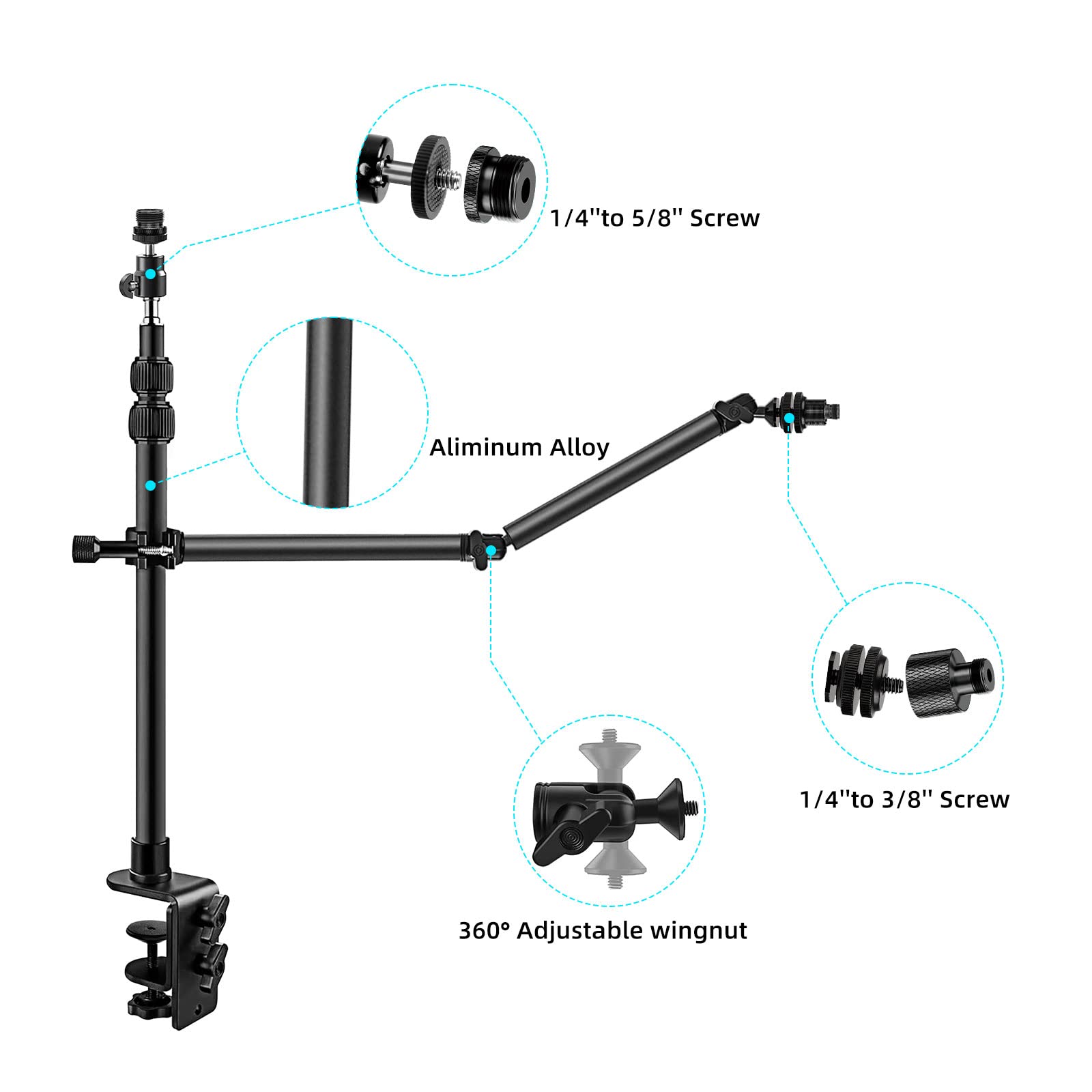 Obeamiu Desk Mount Stand With 27'' Auxiliary Holding Arm, Detachable 2 Section Magic Arm Overhead Light Stand, 16.7 40.1 In Tabl