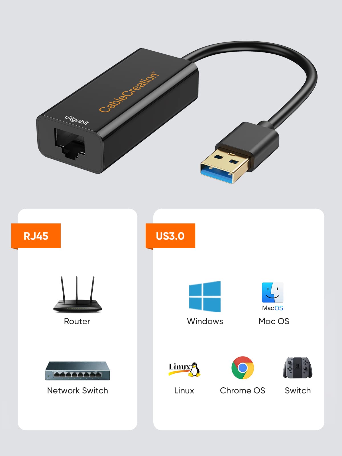 Usb To Ethernet Adapter, Cablecreation Usb 3.0 To 10/100/1000 Gigabit Wired Lan Network Adapter Compatible With Nintendo Switch,
