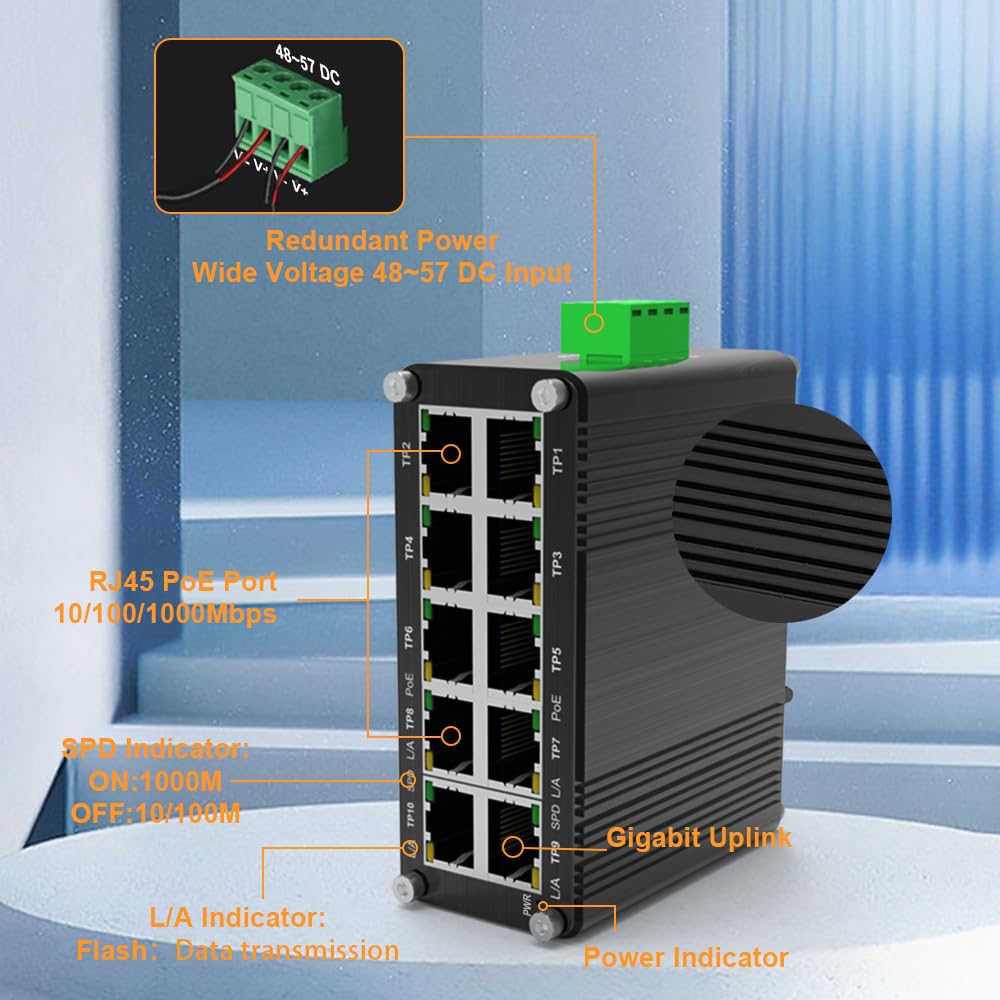 Mini Industrial 8 Port 10/100/1000T 802.3At Poe + 2 Port 10/100/1000T Din Rail Mount Compact Ethernet Switch, 48~57V Dc Unmanage