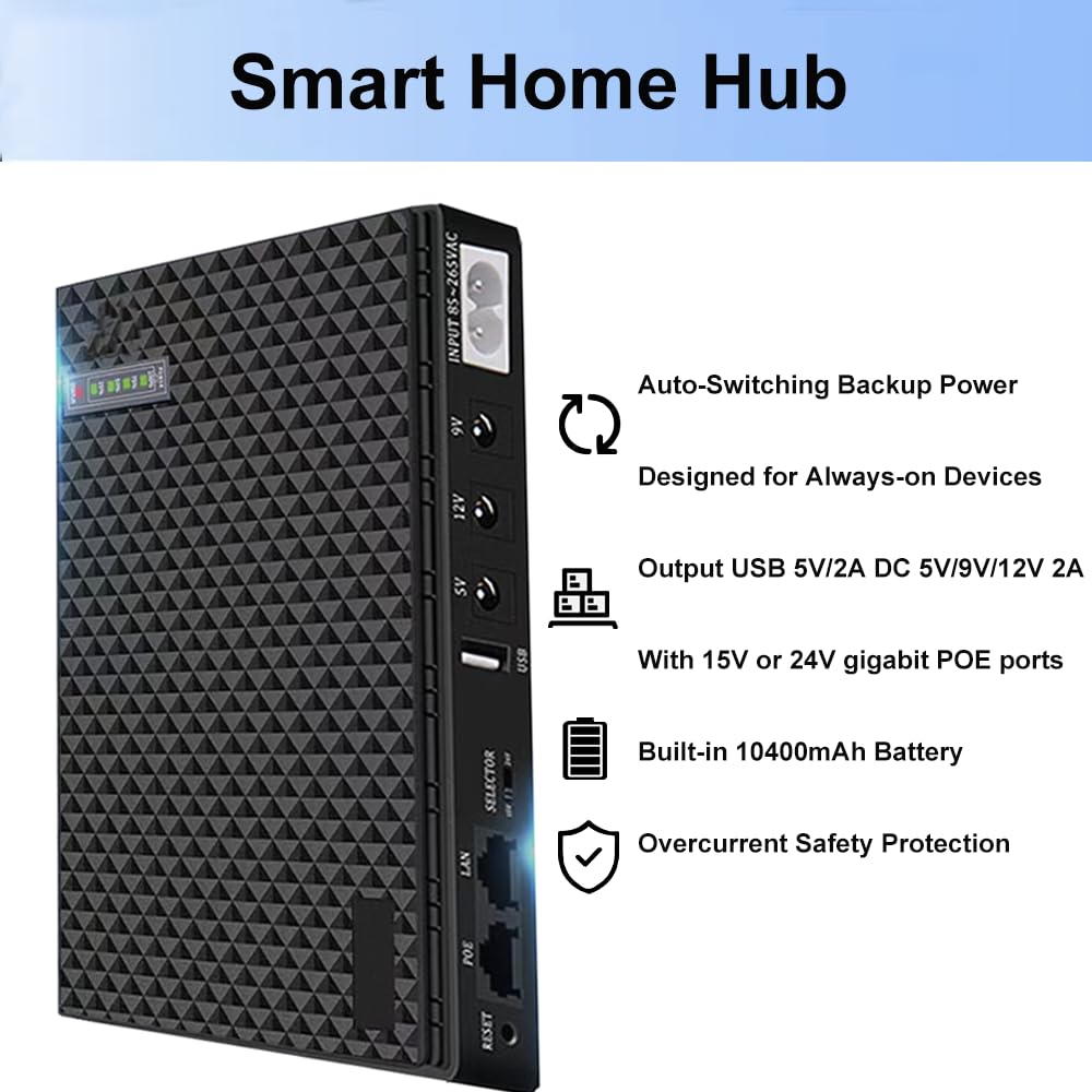 Mini Ups Battery Backup For Routers,Built In 10400Mah Rechargeable Surge Protector With Poe,Output Usb 5V/2A Dc 5V/9V/12V 2A For