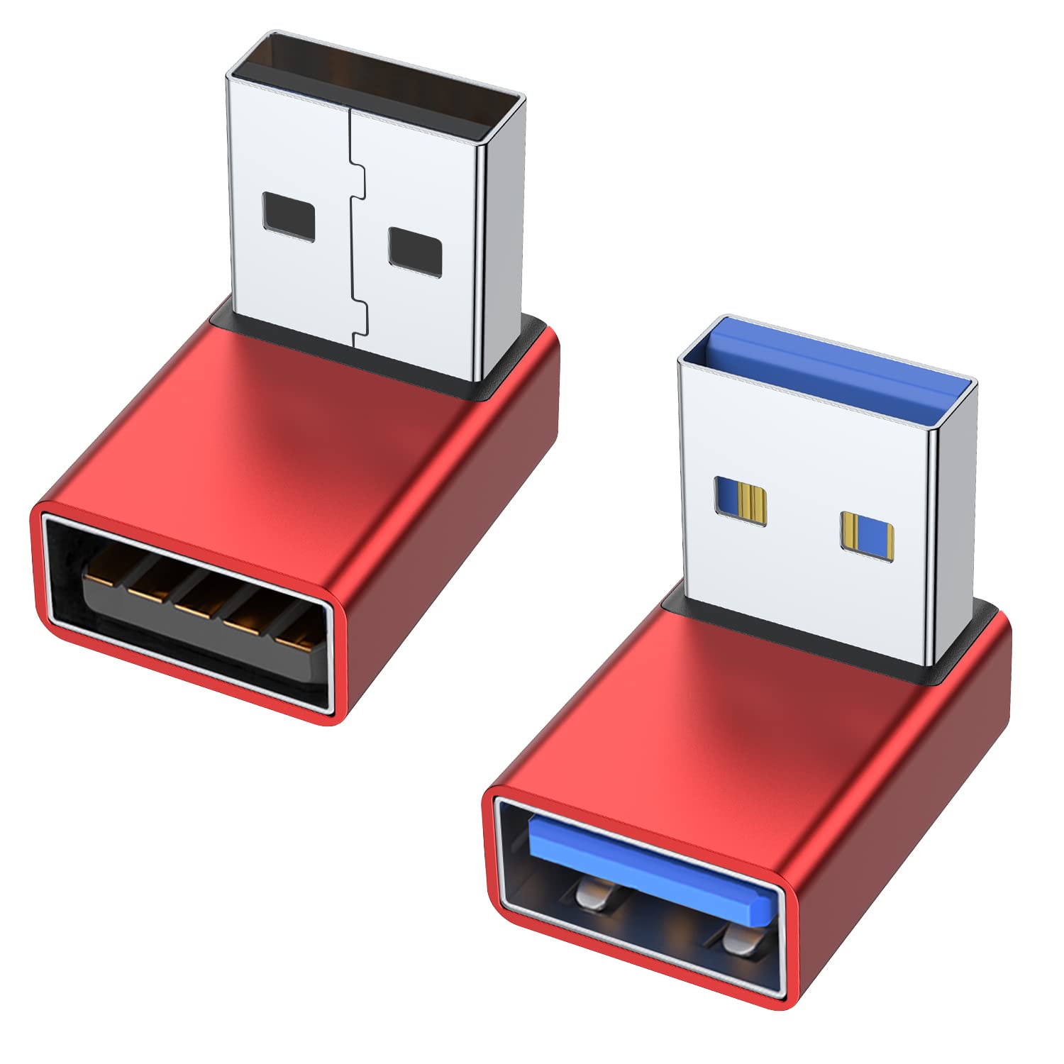 Areme 90 Degree Usb 3.0 Adapter 2 Pack, Up And Down Angle Usb A Male To Female Converter Extender For Pc, Laptop, Usb A Charger, Power Bank And More (Red)