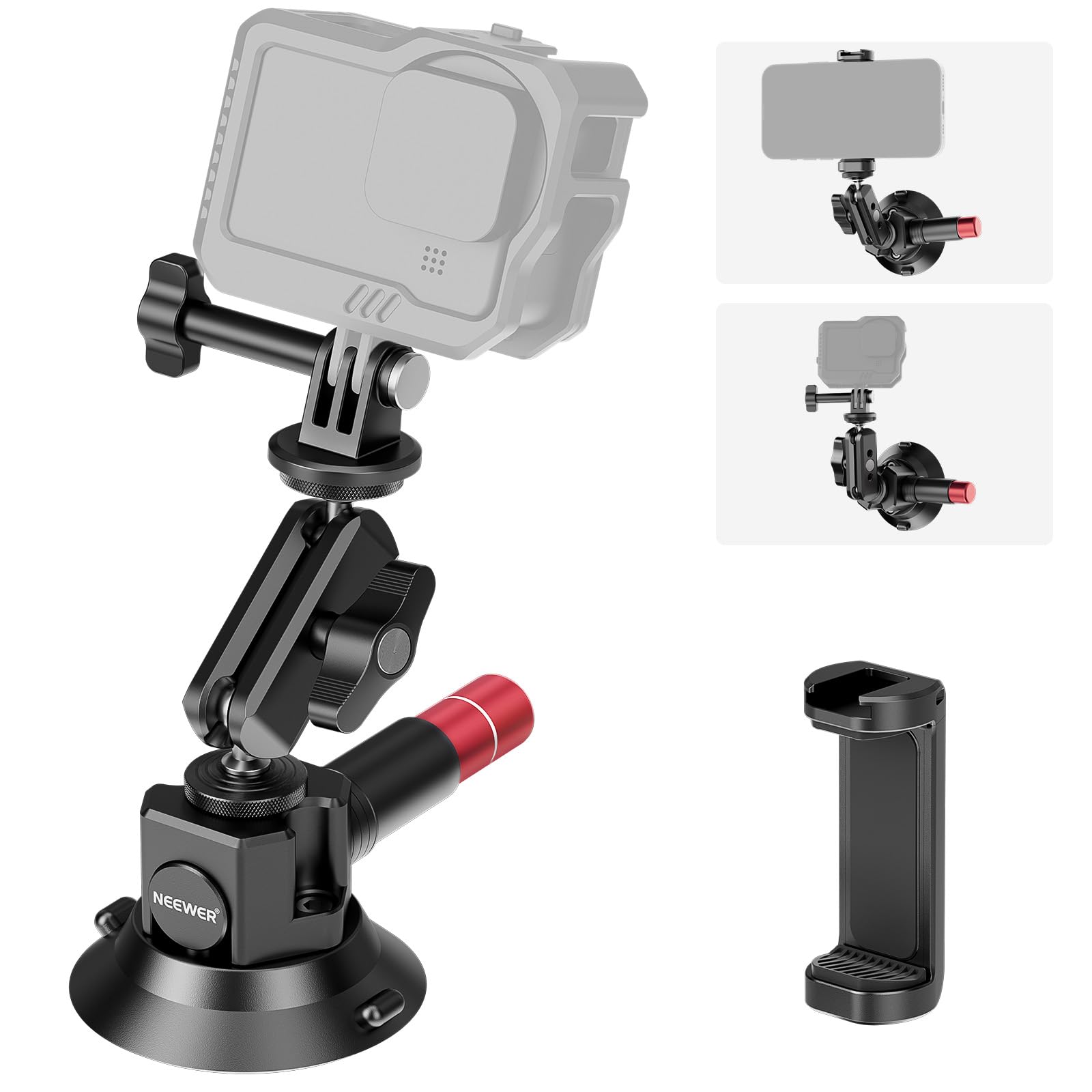 Neewer 3'' Suction Cup Camera Mount Bracket With Ball Head Magic Arm, 1/4'' Arri Holes, Quick Release Car Mount With Phone Holde