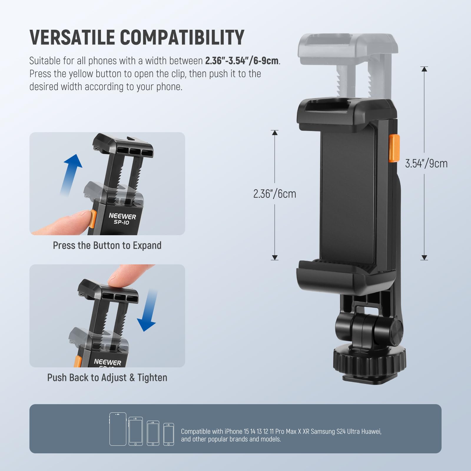 Neewer Basic Phone Tripod Mount Holder With 1/4'' Thread & Cold Shoe, 2.36''-3.54''/6-9Cm 360 Rotatable Camera Mount Cellphone C