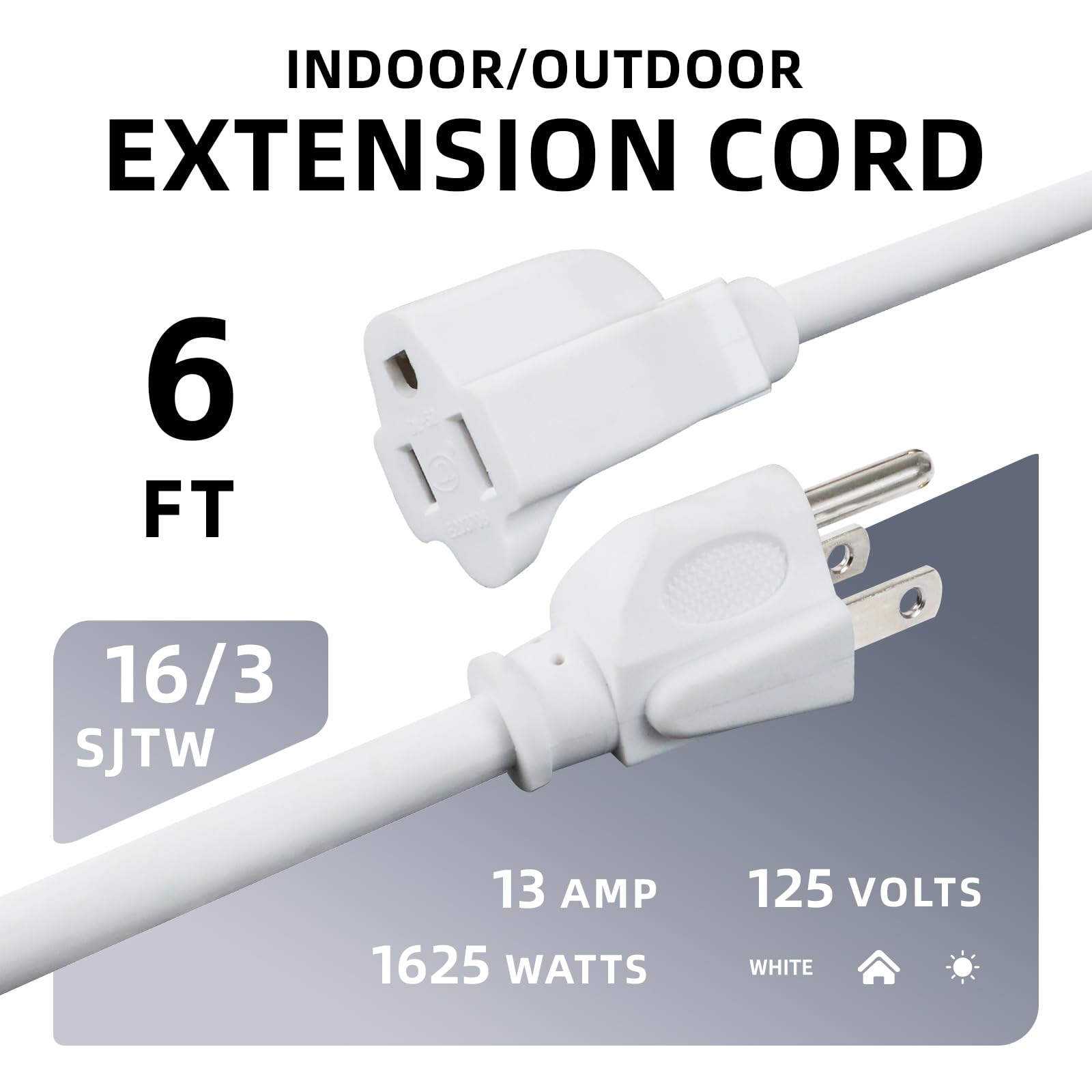 Ep 6 Ft Outdoor Extension Cord   16/3 Sjtw White Electrical Cable With 3 Prong Grounded Plug, Ul Listed