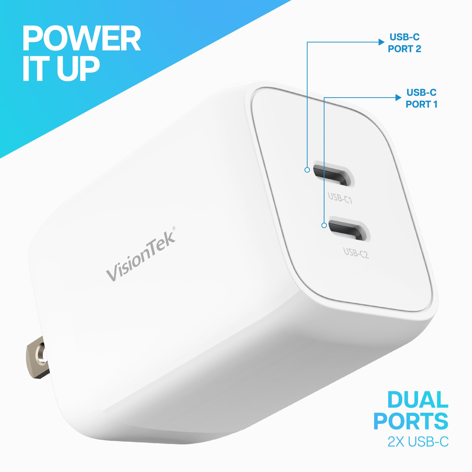 Visiontek Gan Ii 65W Wall Fast Charger - Dual Usbc Port - 2X Usb-C - Compatible With Macbook Pro/Air, Ipad, Iphone, Galaxy, Stea