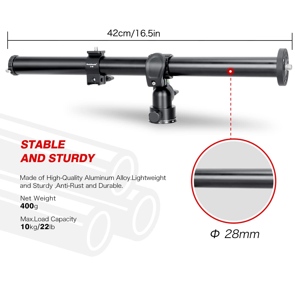 Koolehaoda 16.5 Tripod Extension Arm Horizontal Centre Column Extension Boom 28Mm Tube With 360 Rotatable Rotating Base For Over