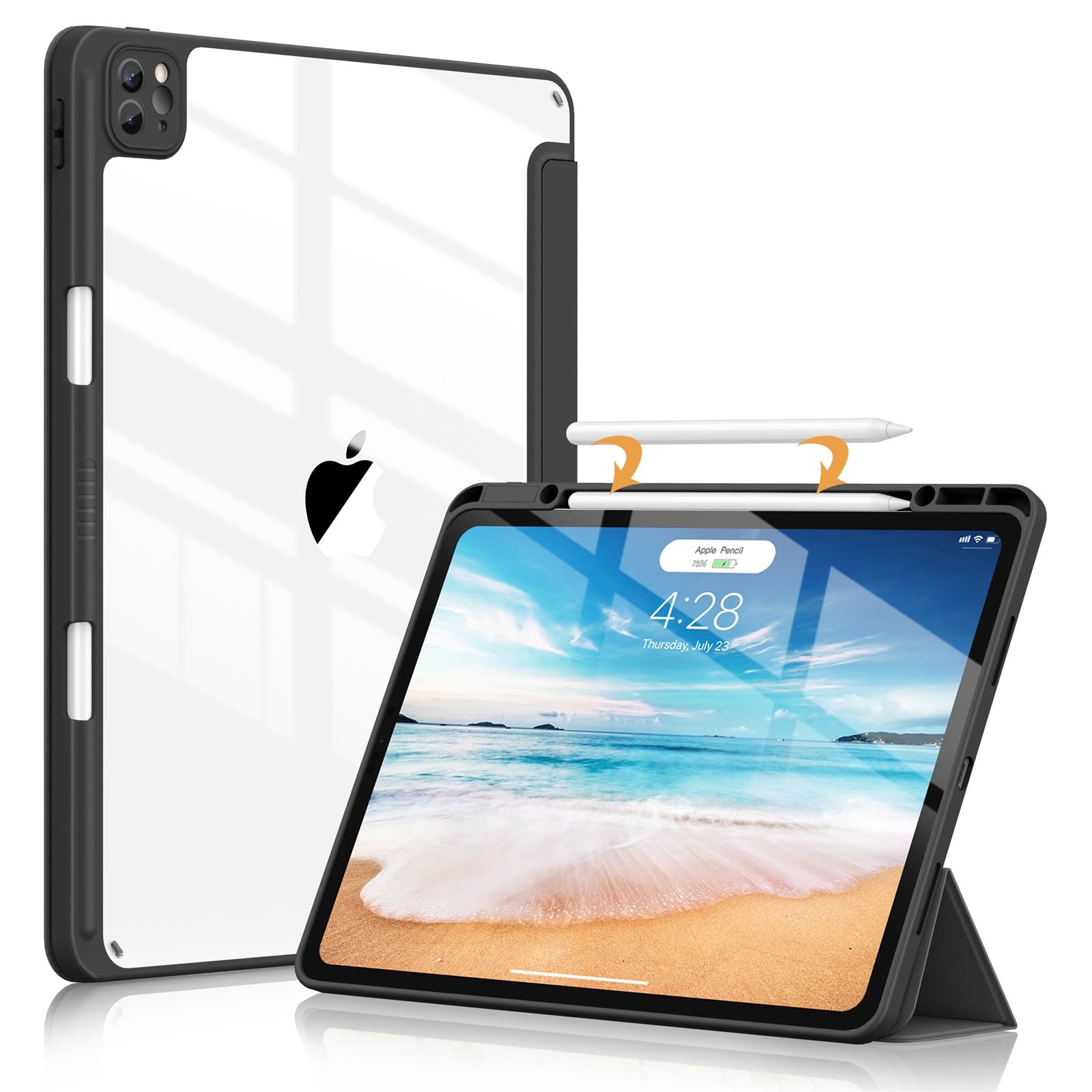 Soke Case For Ipad Pro 12.9 Inch (6Th/5Th/4Th/3Rd Generation, 2022/2021/2020/2018)   Pencil Holder + Auto Sleep/Wake + Camera Protection, Transparent Shockproof Back Cover,Black