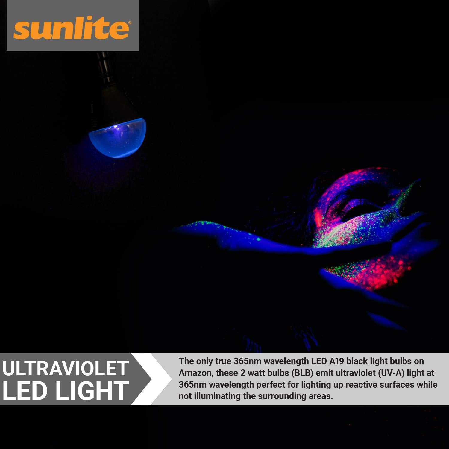 Sunlite 80114 Su Led A19 Black Light Bulb, 2 Watt, Medium Base (E26), 365Nm Wavelength, Glow Parties, Blacklight Blue, Decoratio