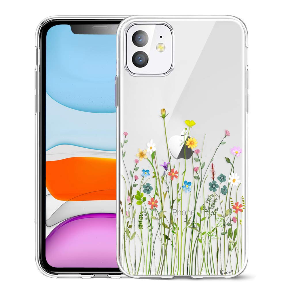 Unov Case Compatible With Iphone 11 Clear With Design Slim Protective Soft Tpu Bumper Embossed Floral Pattern 6.1 Inch (Flower B