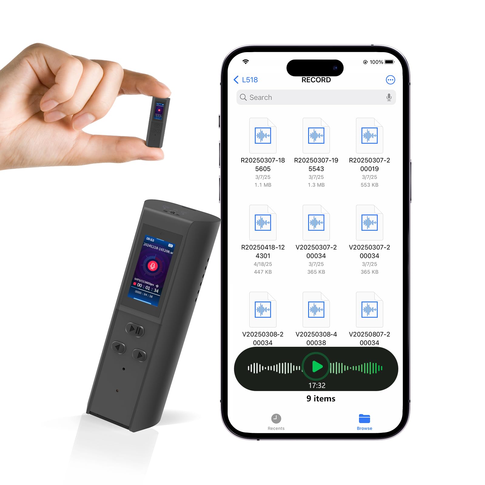 128GB Digital Voice Recorder with Playback: Magnetic Audio Recorder with AI Noise Cancellation, 230 Hours Continuous Recording D