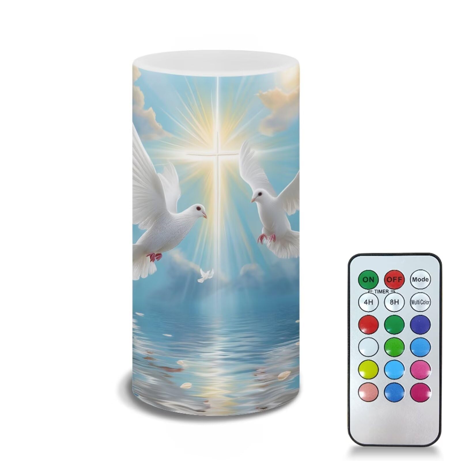 Poceacles Dove of Peace Cross Print Blue Flameless Candle Electric LED Lights with Timer Remote Color Lights, 3 AAA Batteries Op