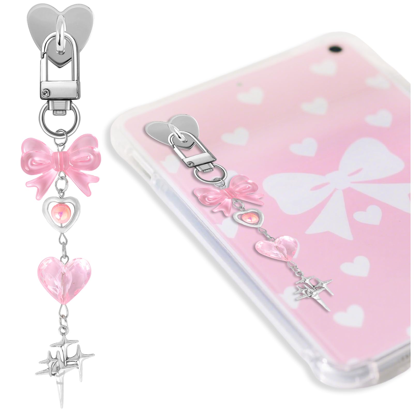 TUCEWP Charm Chains for Kindle, Cute Y2k Aesthetic E-reader Cell Phone Charm Accessories Kawaii Vintage Pink Bow Star Heart Pend