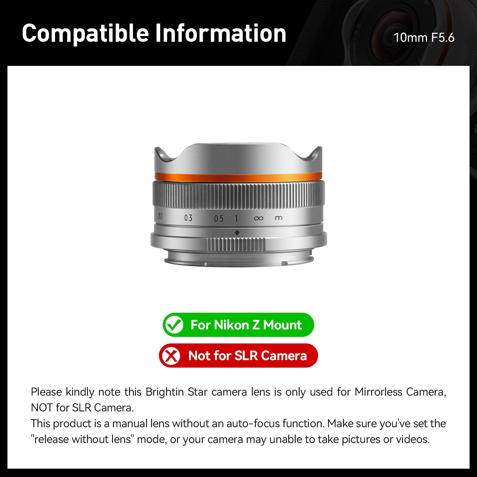 Brightin Star 10Mm F5.6 Fisheye Manual Focus Prime Lens For Nikon Z Mount Mirrorless Cameras, Aps C Ultra Wide Angle Fixed Lens,