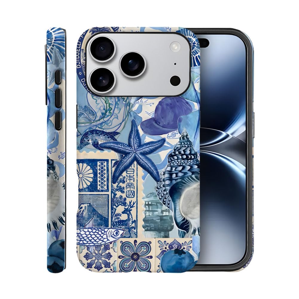 Case for iPhone 17 Pro,Fits Frosted Case Design for Girl Women,Beach Blue Starfish Themed Collage European