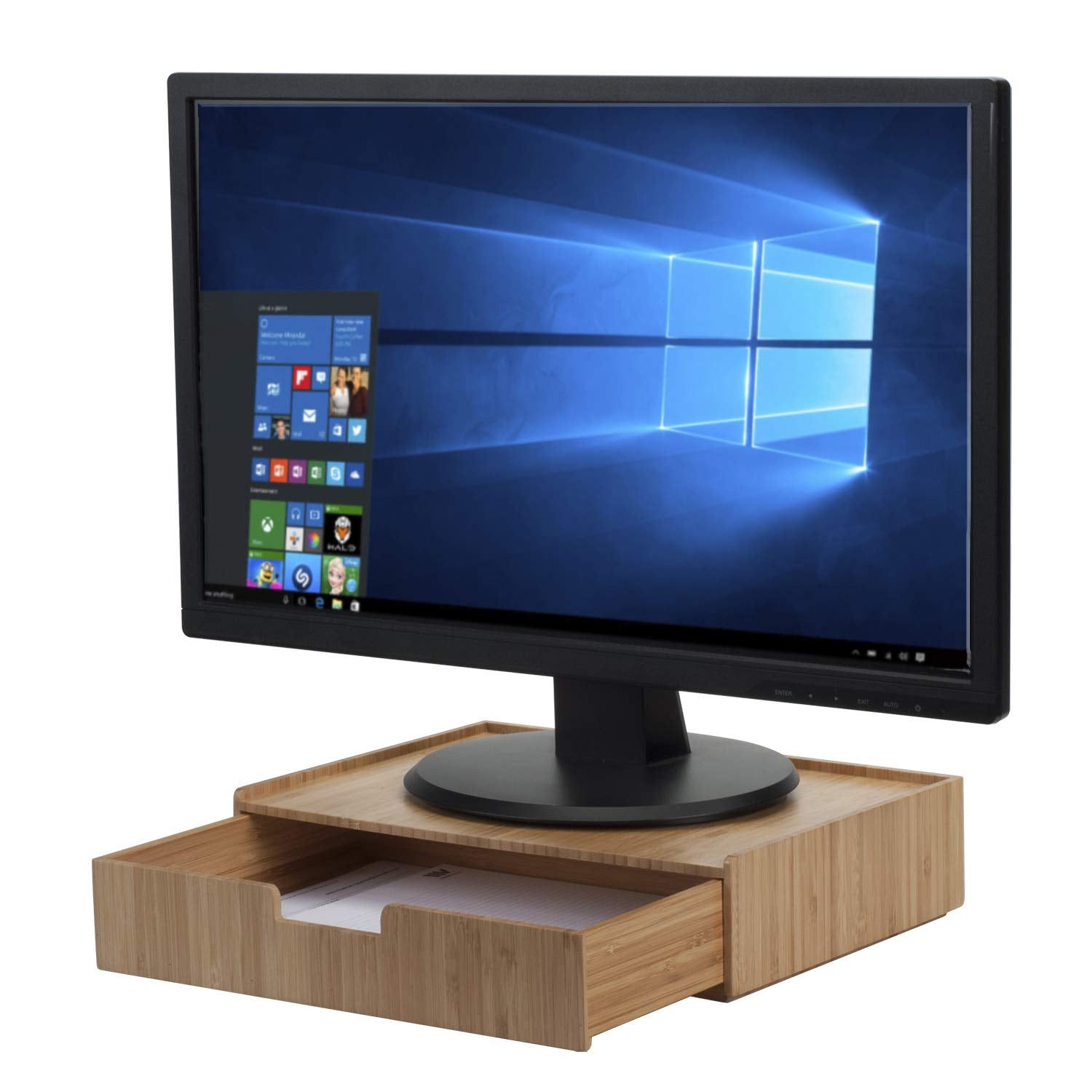 Bamboo Drawer Large, Monitor Stand & Stackable Storage Solution for office products pens, pencils, scissors, notepads, business 