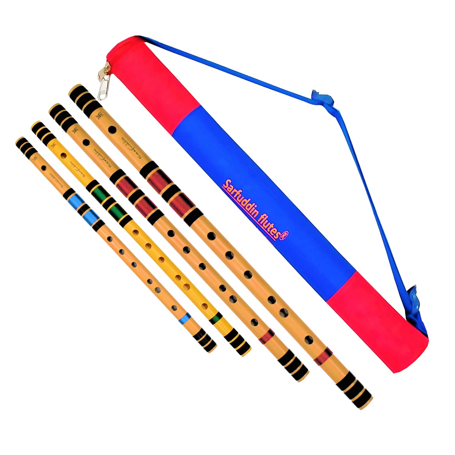 Sarfuddin Flutes 4 Bansuri Combo Set E Base, G Base, C Medium & C Sharp Medium Tuned 440Hz Right Hand Side Bamboo Flutes Bansuri