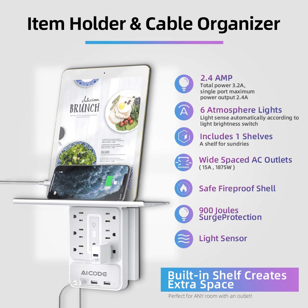 Aicode Socket Outlet Shelf,Wall Outlet,6 Electrical Outlet Splitter With 3 Usb Power Outlet,Surge Outlet Protector Multi Plug Outlet,Charging Shelf,Outlet Expander With 6 Rgb Light For Home