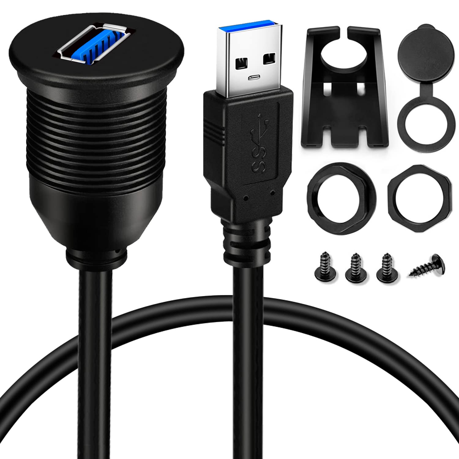 Batige Single Port Usb 3.0 Male To Female Aux Car Mount Flush Cable Waterproof Extension For Car Truck Boat Motorcycle Dashboard Panel   3Ft