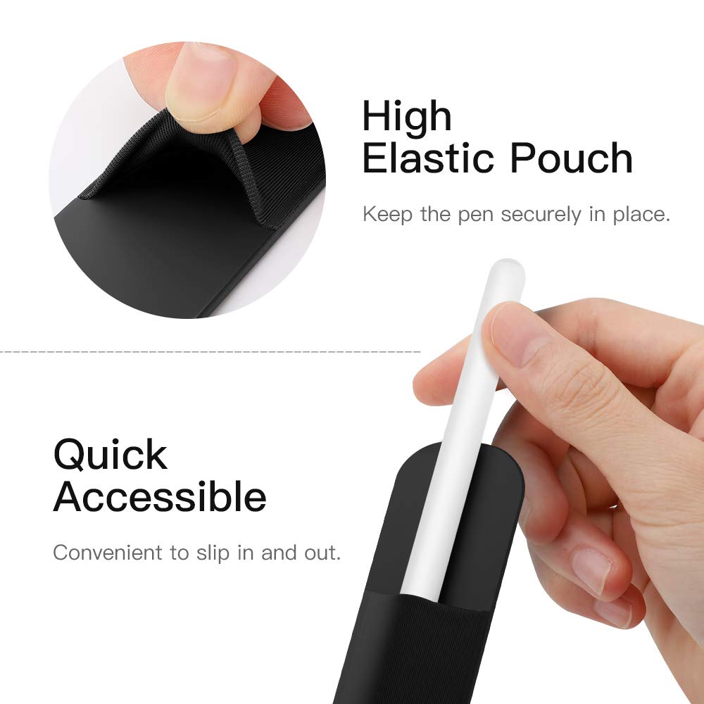 MoKo Pencil Holder Sticker Fit Apple Pencil Pro, Apple Pencil (USB C), Apple Pencil 1st/2nd Generation, Elastic Pencil Pocket Pouch Adhesive Sleeve Attached to iPad Case for Stylus Pens,Black