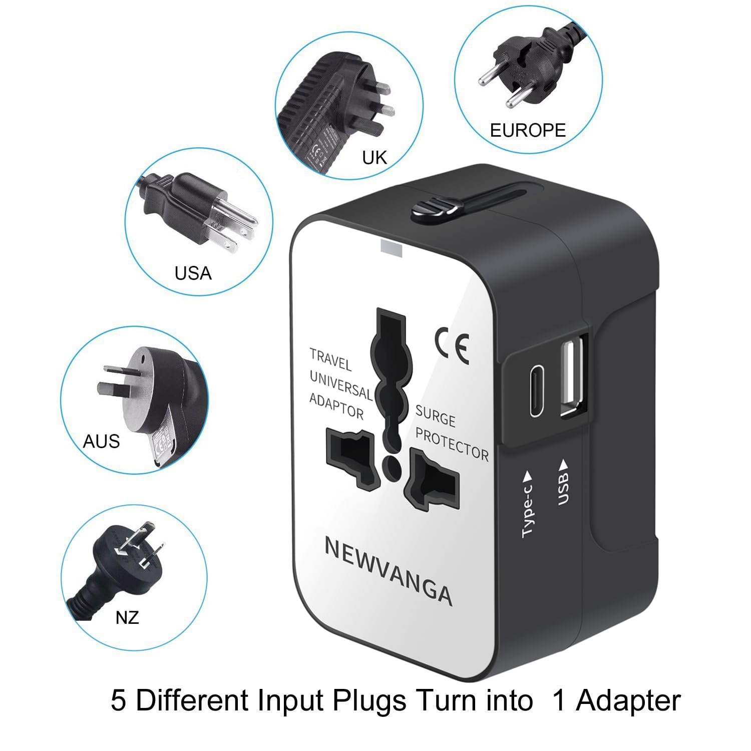 Travel Adapter, Worldwide All In One Universal Travel Adapter Wall Charger Ac Power Plug Adapter With Usb Type C Charging Ports