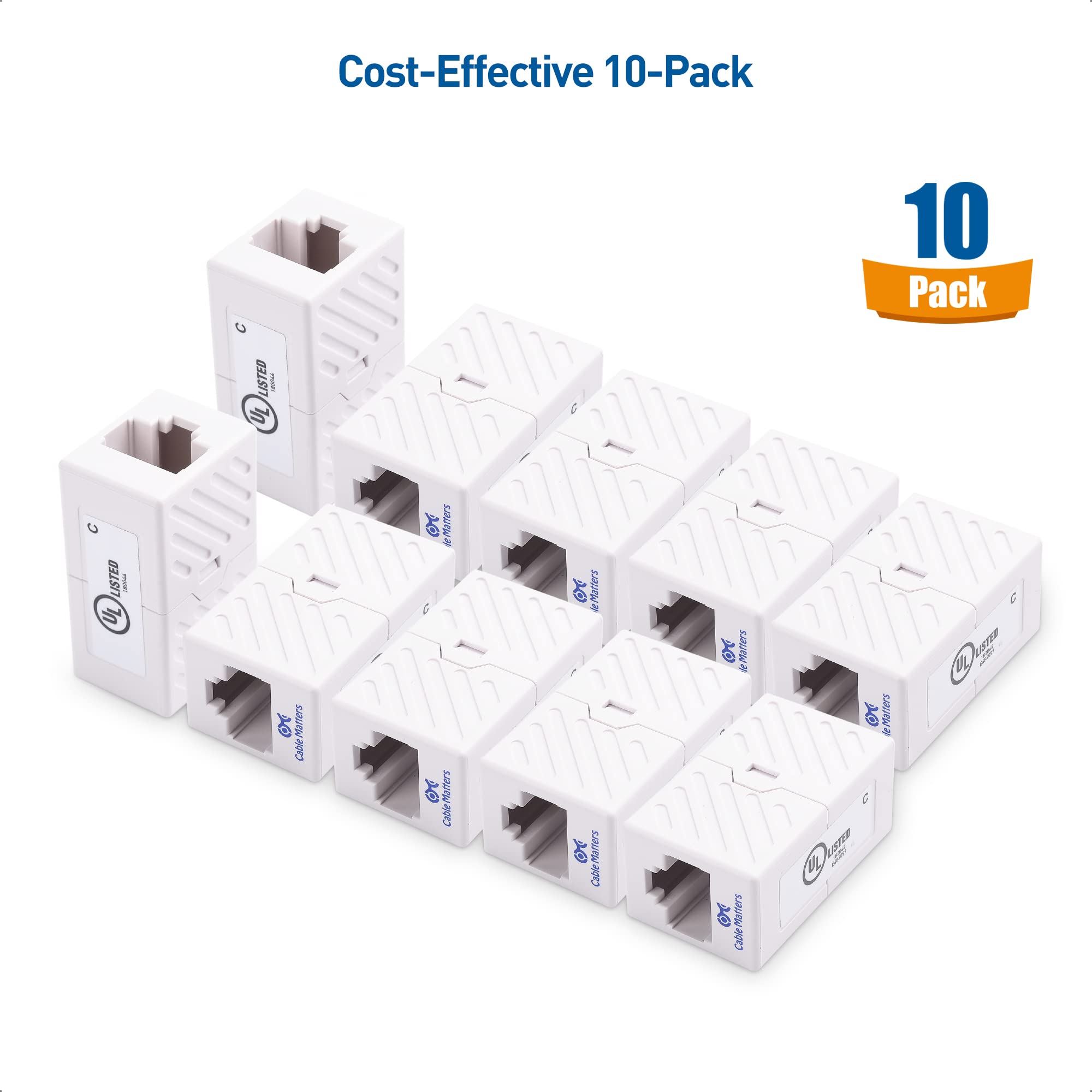 Cable Matters [UL Listed] 10 Pack 10Gbps Cat 6 Ethernet Coupler (RJ45 Coupler, Cat6 Coupler, Ethernet Extender Adapter) in White, Compatible with Cat6A, Cat5e