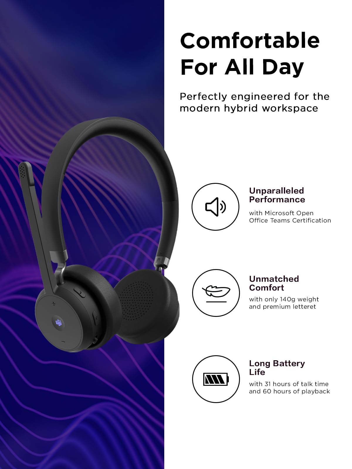 Lenovo Wireless Voip Headset Teams Certified, Noise-Canceling Mic, Bluetooth 5.3 Multipoint, Usb-A Receiver, 31-Hour Talk & 60-H