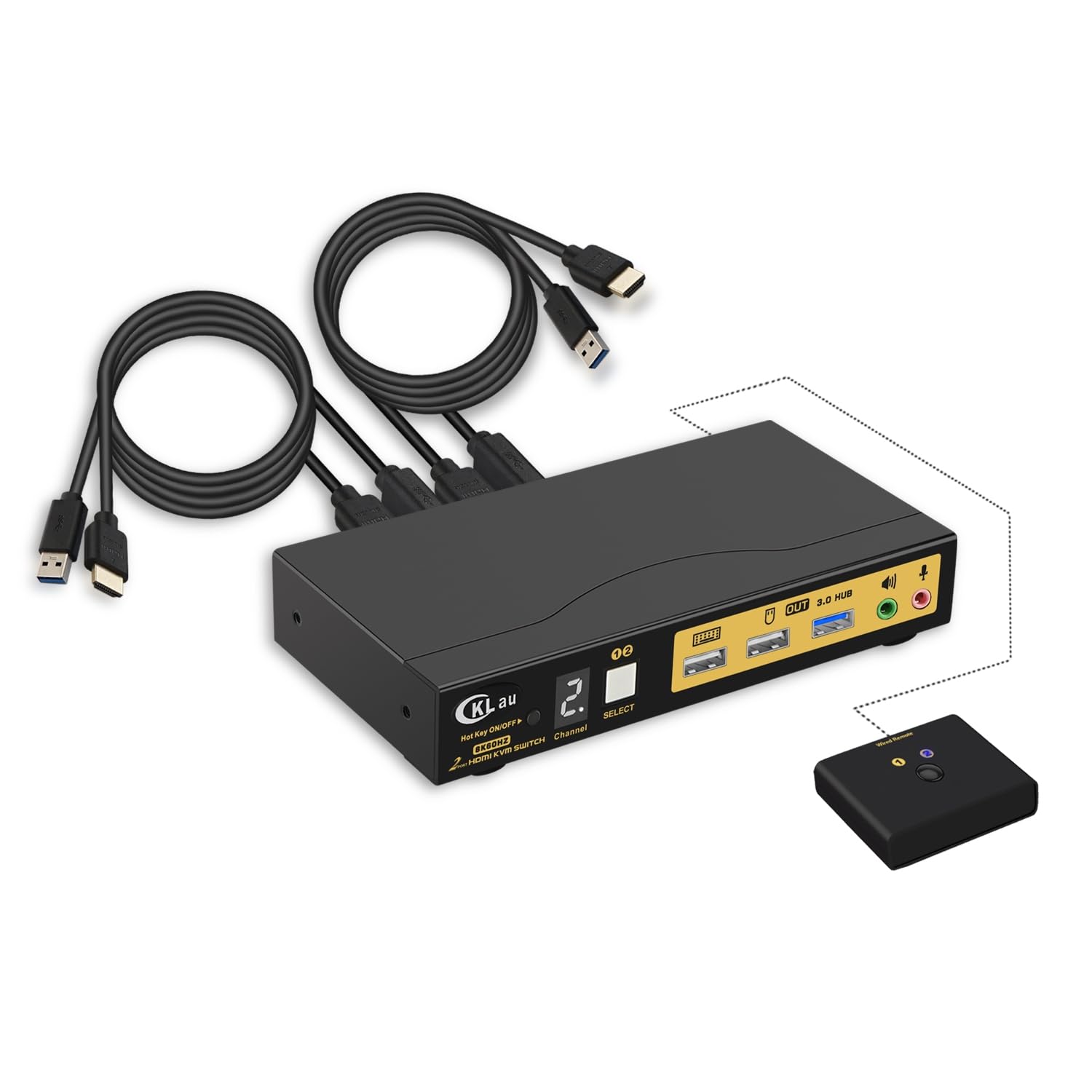 Cklau Usb 3.0 2 Port Kvm Switch Hdmi 2.1 8K@60Hz 4K@144Hz With Audio, Microphone Output And Cables Support Hotkey Switching, Emu
