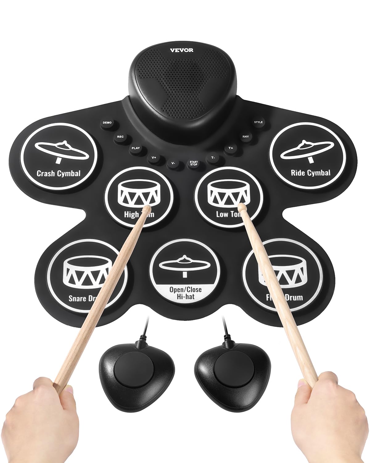 VEVOR Electronic Drum Set, 7 Pads, Roll-Up Practice Drum Pad with Speaker, Headphone Jack, Portable Electric Drumset with Pedals