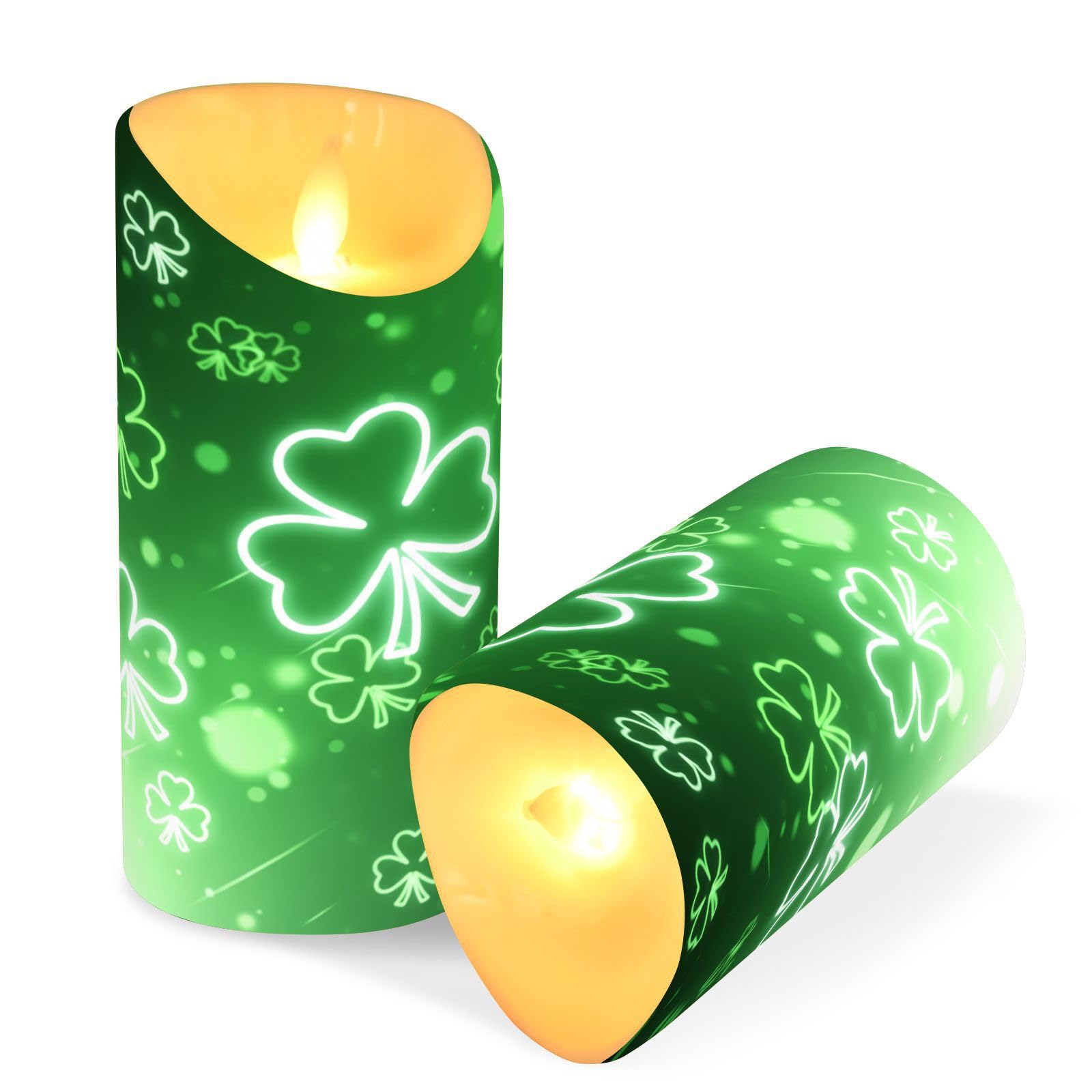 St. Patricks Day Flameless Candles Set of 2 Green Clover Shamrock G Realistic LED Candles with Remote Battery Operated Holiday 