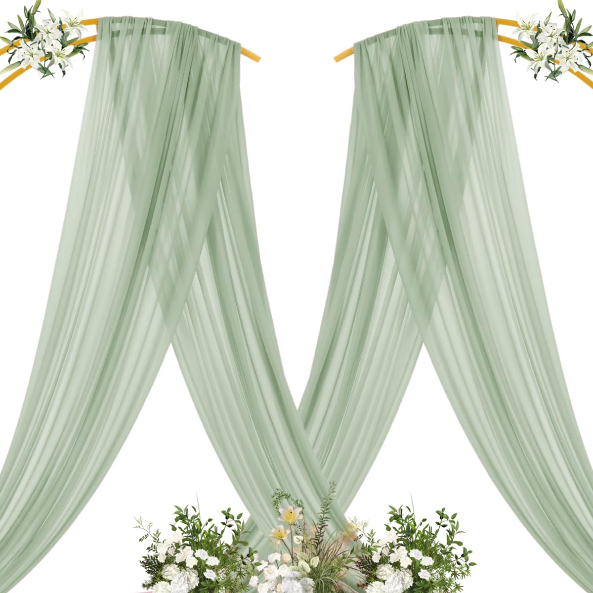 Mlmc Wedding Arch Draping Fabric 2 Panels 29'' X 20Ft Sage Green Chiffon Drapery Sheer Backdrop Curtains For Ceremony Wedding Ce