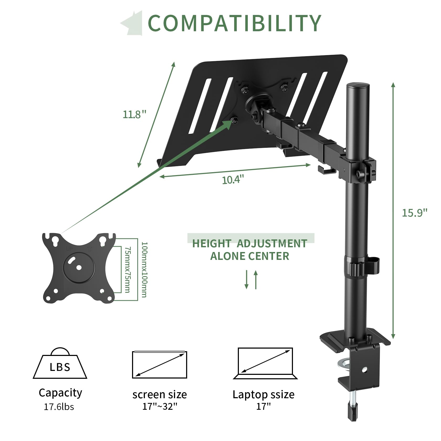 Upgravity Laptop Desk Mount, Single Laptop Computer Mount With Vented Tray For 1 Notebook Up To 17 Inch, Heavy Duty Laptop Stand