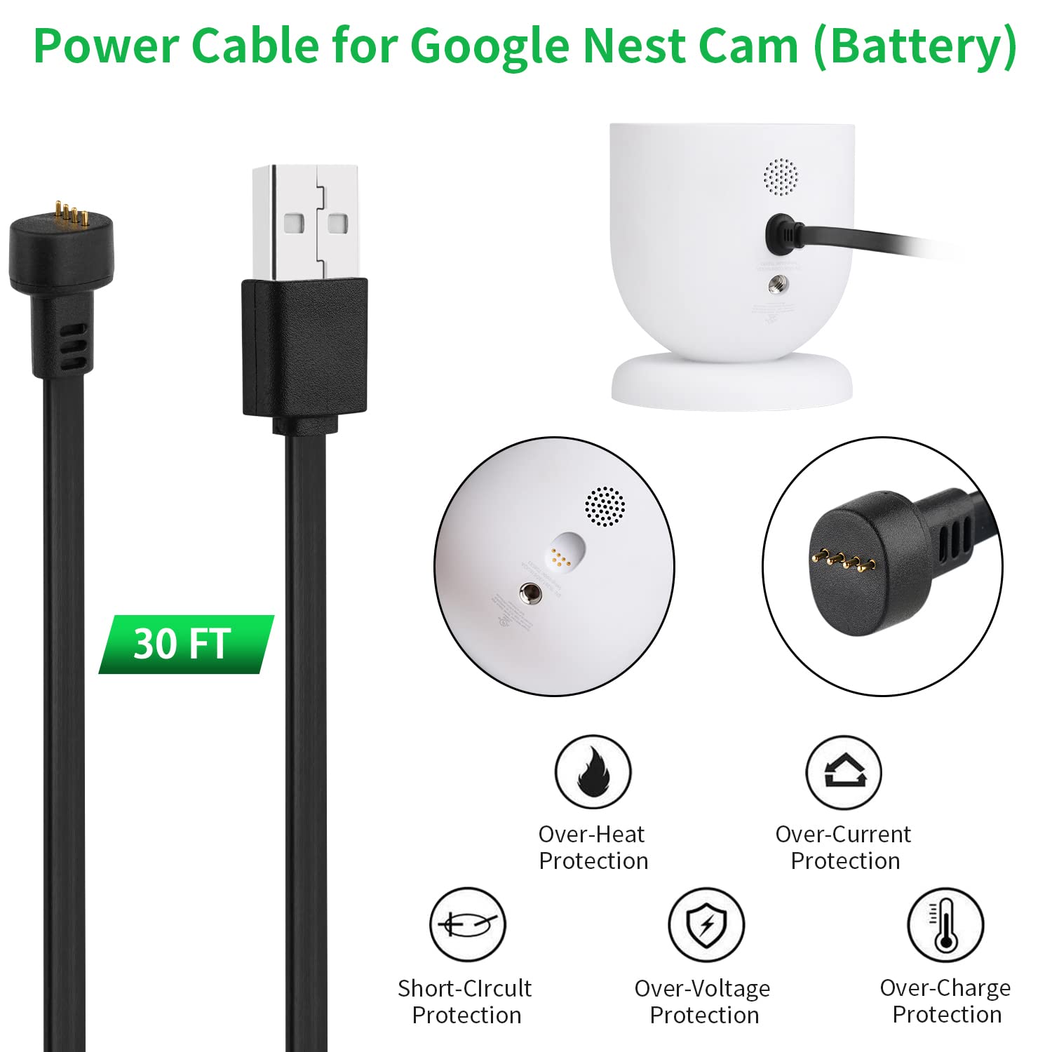 2Pack Power Cable Compatible With Ggoogle Nest Cam Outdoor Or Indoor, Battery, 30Ft/9.1M Weatherproof Outdoor Cable Continuously