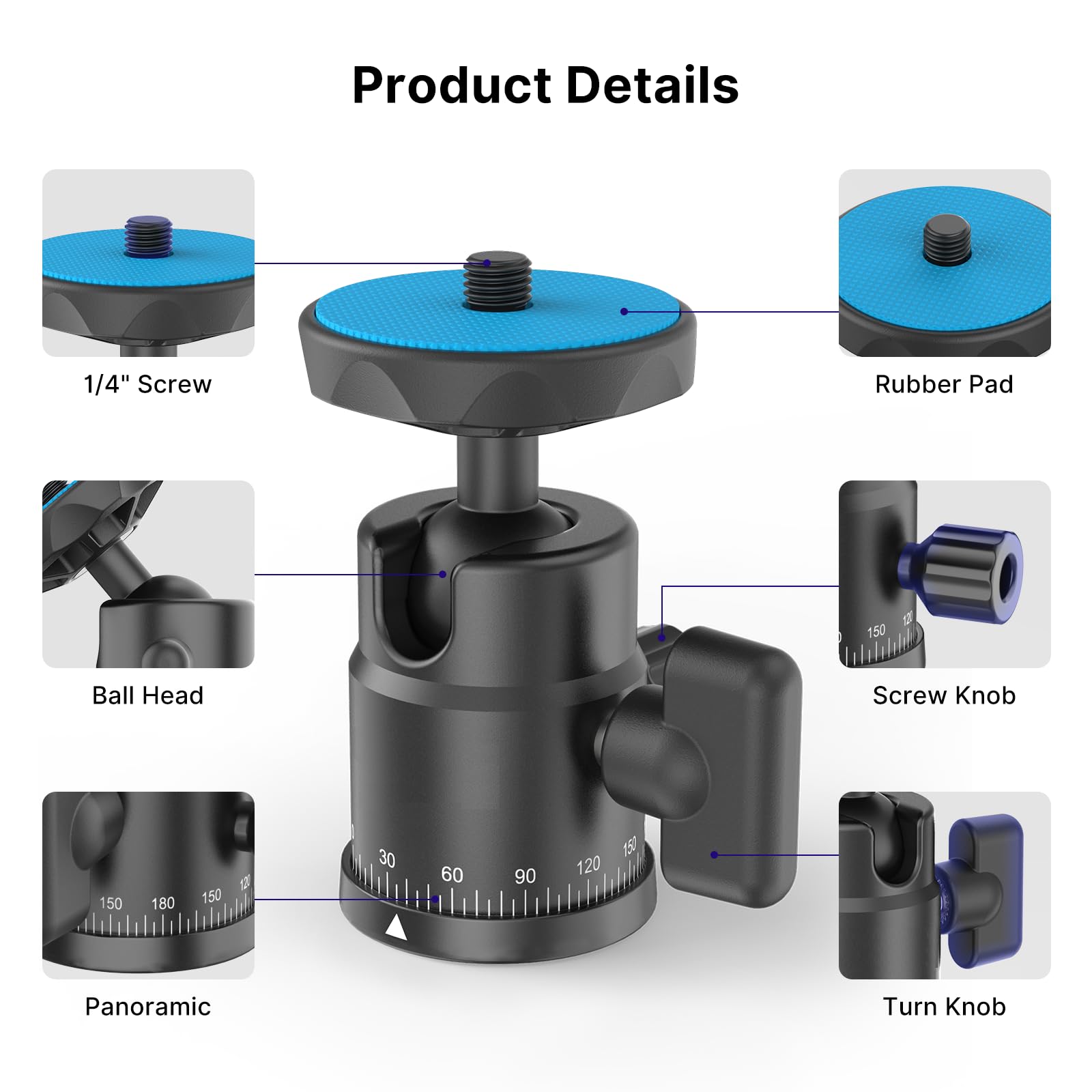 Mini Ball Head, Rubesee Panoramic Camera Tripod Head With 1/4'' Screw Shoe Mount, 360 Rotatable Metal Adapter For Dslr Camera Tr