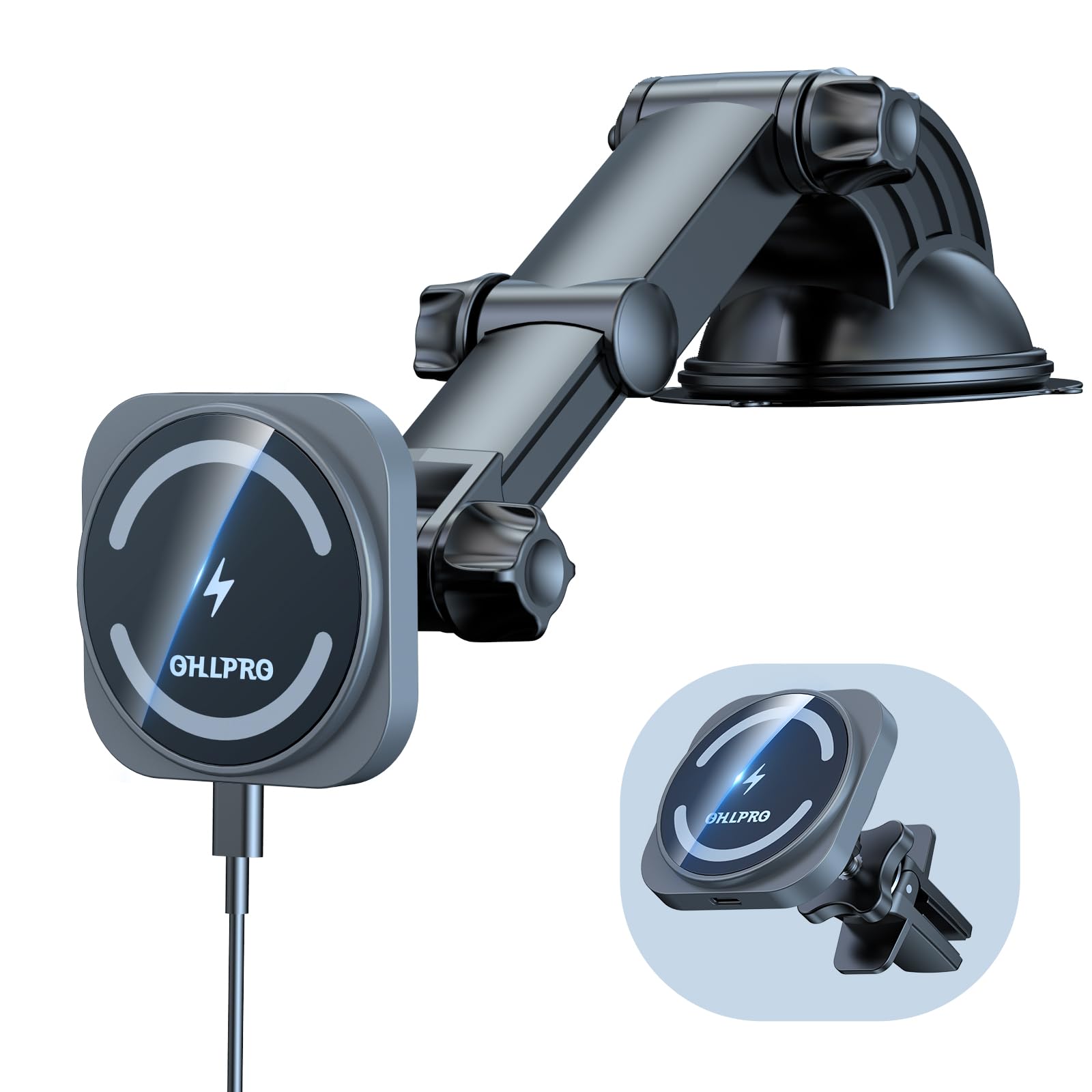 Ohlpro Dashboard Magnetic Phone Holder For Iphone Magsafe Car Mount Charger, Windshield Suction Wireless Car Charger, Car Vent C