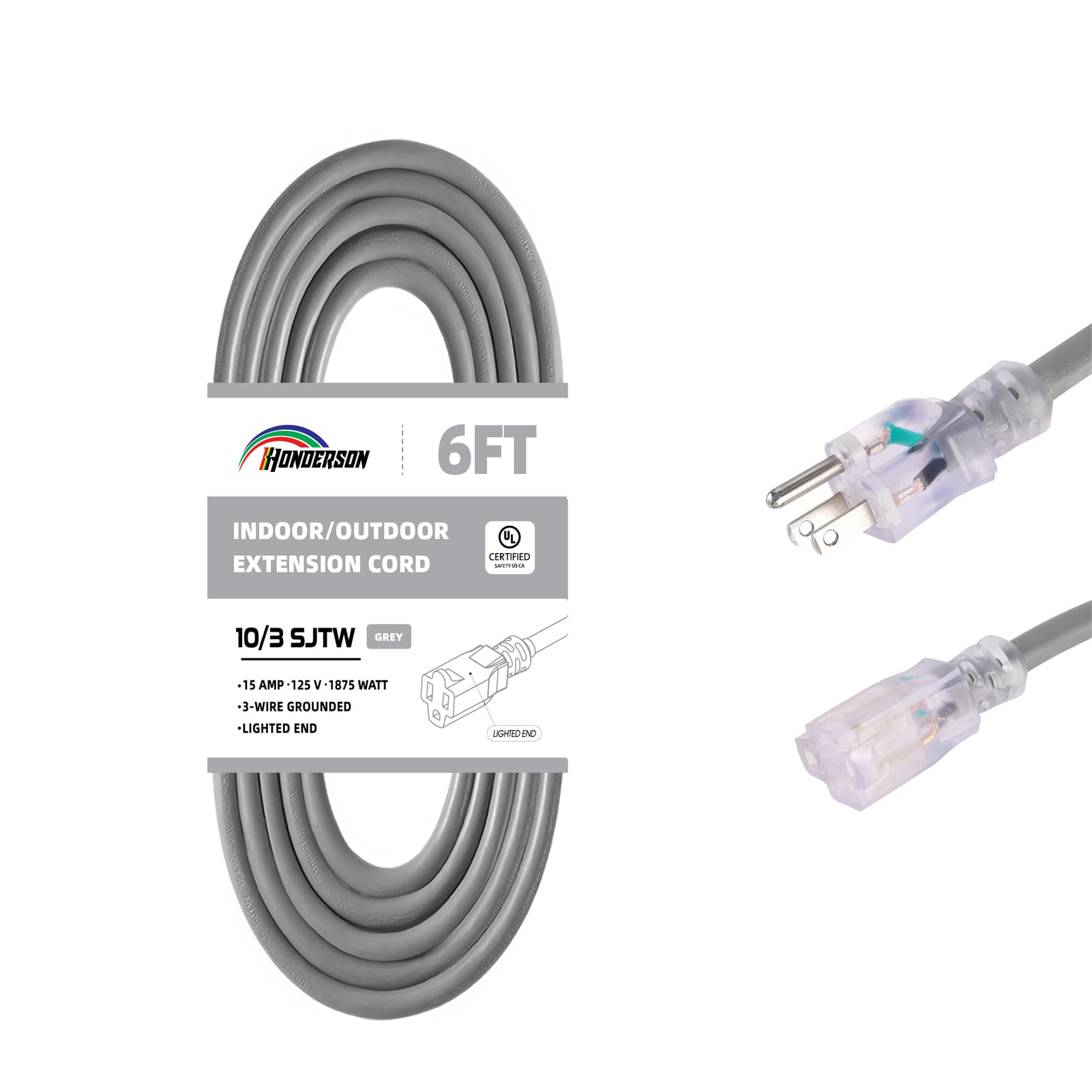 Honderson Indoor Outdoor Extension Cord Weatherproof With Lighted End, Ul Listed, 10 Gauge 6Ft Grey 3 Prong Heavy Duty Extension