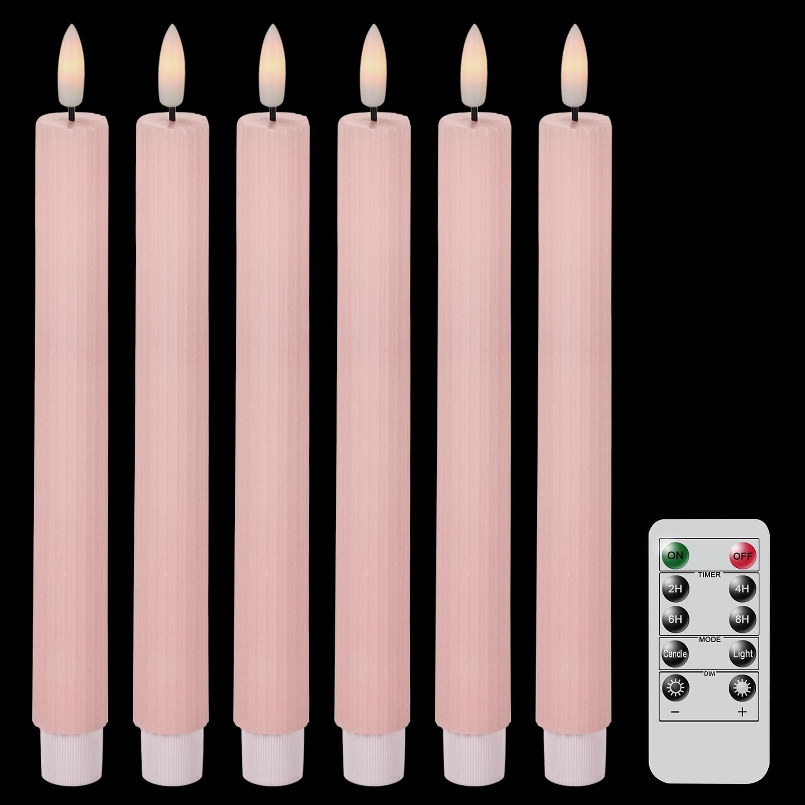 Wondise Pink Flameless Flickering Taper Candles With 10 Key Remote And Timer, Battery Operated 3D Wick Real Wax Led Taper Candle
