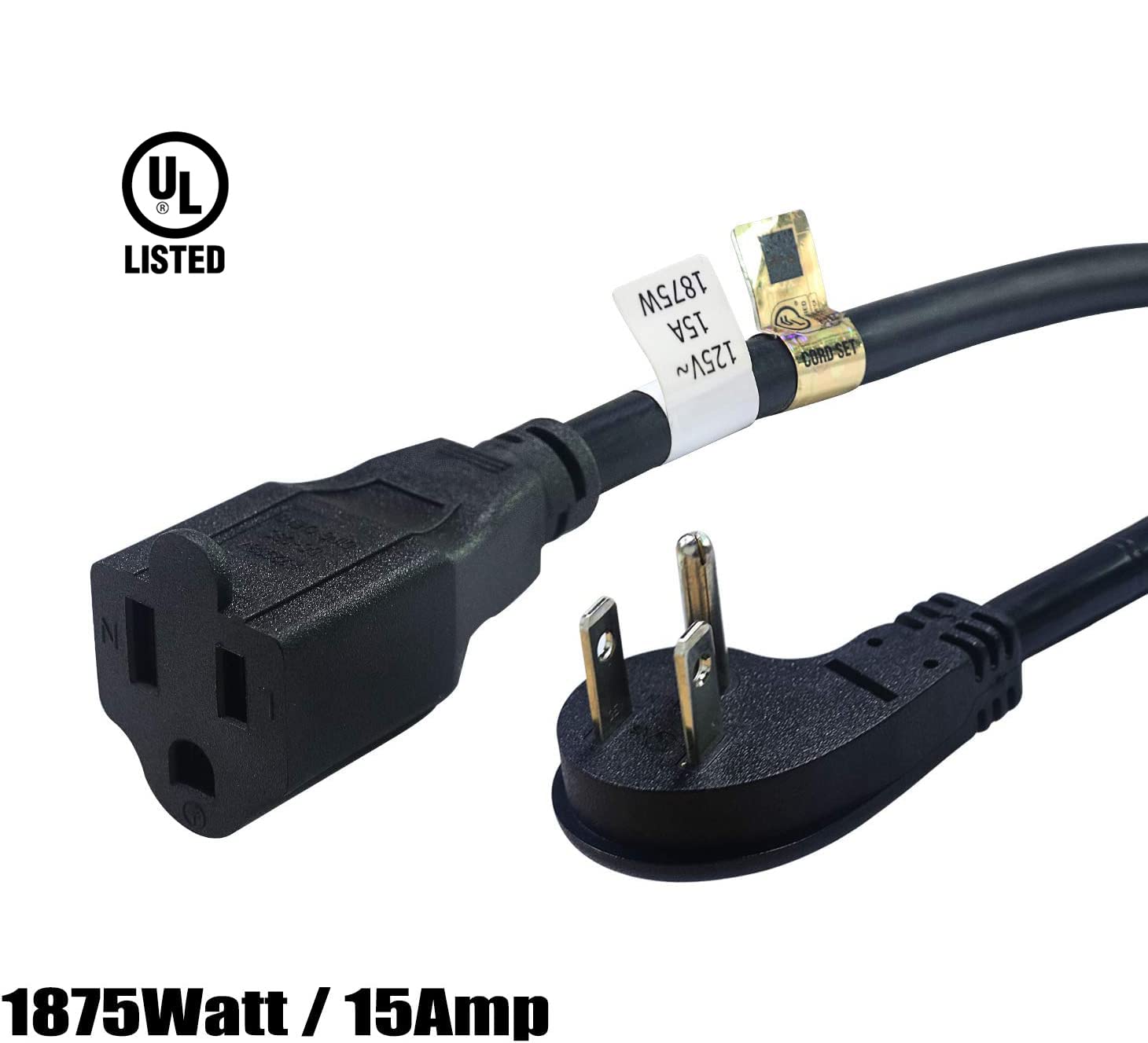 Firmerst 1875W Flat Plug Extension Cord Black 2 Feet, 15A 14 Awg