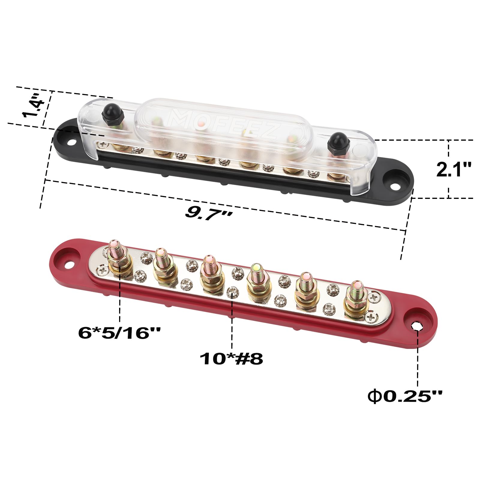 Mofeez Power Distribution Block Bus Bar, 6 X 5/16'' Posts, 10 X #8 Screws Terminals, Max 48V 250A (Pair, Red & Black)
