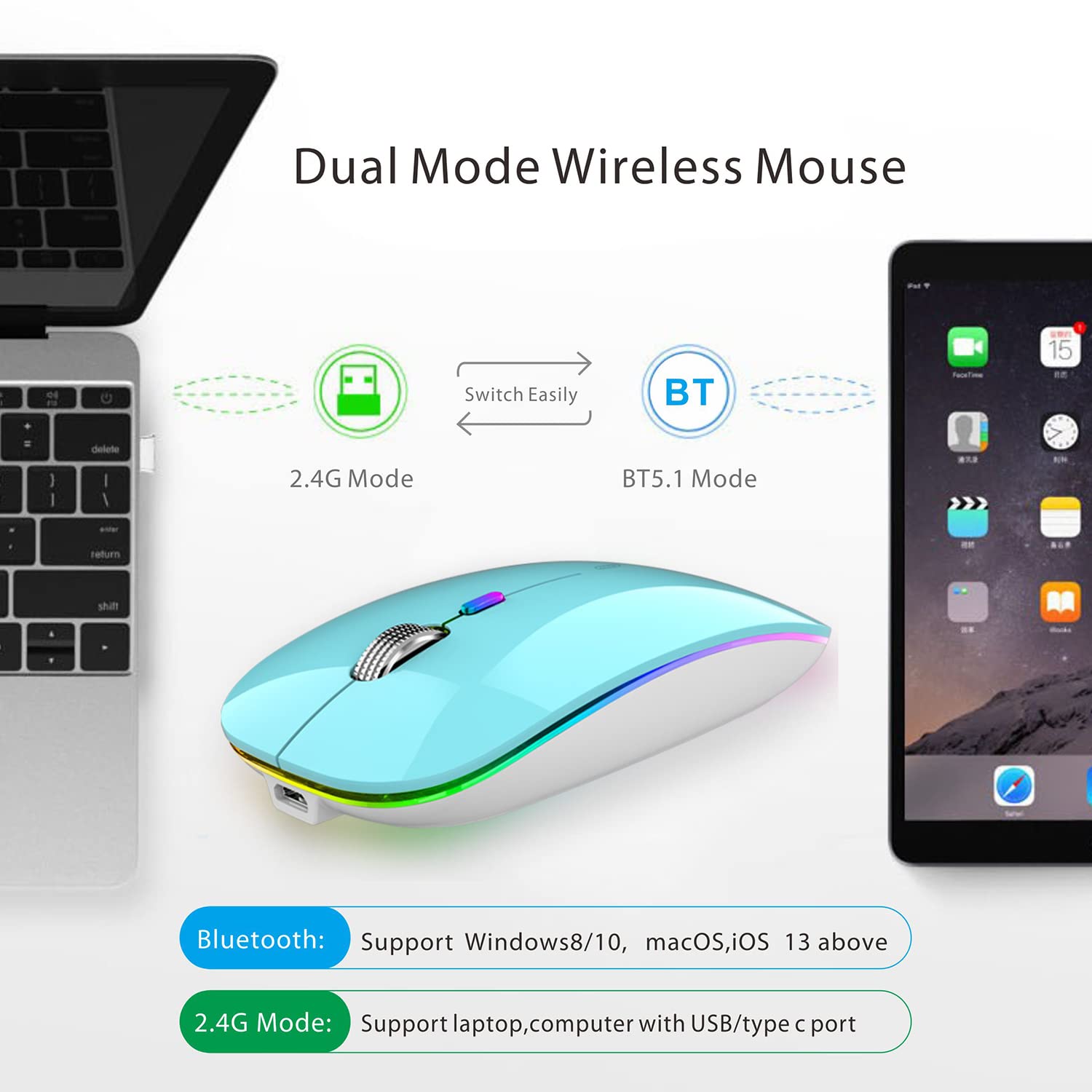 Tenmos Wireless Bluetooth Mouse, Led Slim (Bluetooth 5.1 + Usb) 2.4Ghz Rechargeable Silent Bluetooth Wireless Mouse With Type C Adapter For Laptop/Macbook/Ipad Os 13 And Above (Blue)