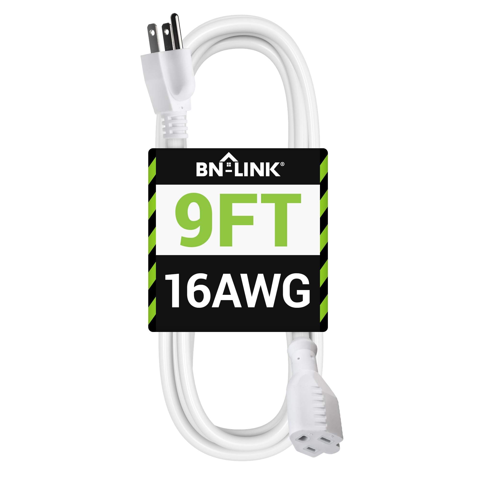 Bn Link 9Ft Outdoor Extension Cord, 3 Prong, 16 Gauge General Purpose Power Cord, Grounded Plug, White, For Landscaping & Holida