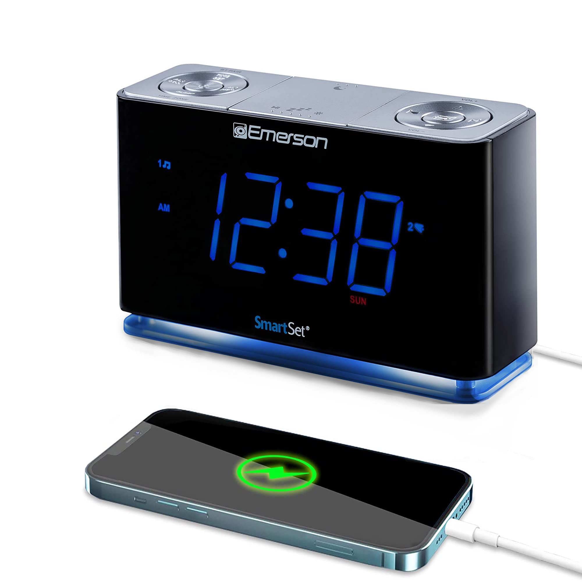 Emerson Radio Smartset Pll Radio Alarm Clock With 1.4    Blue Led, Bluetooth Speaker And Night Light, Cks1507, Black