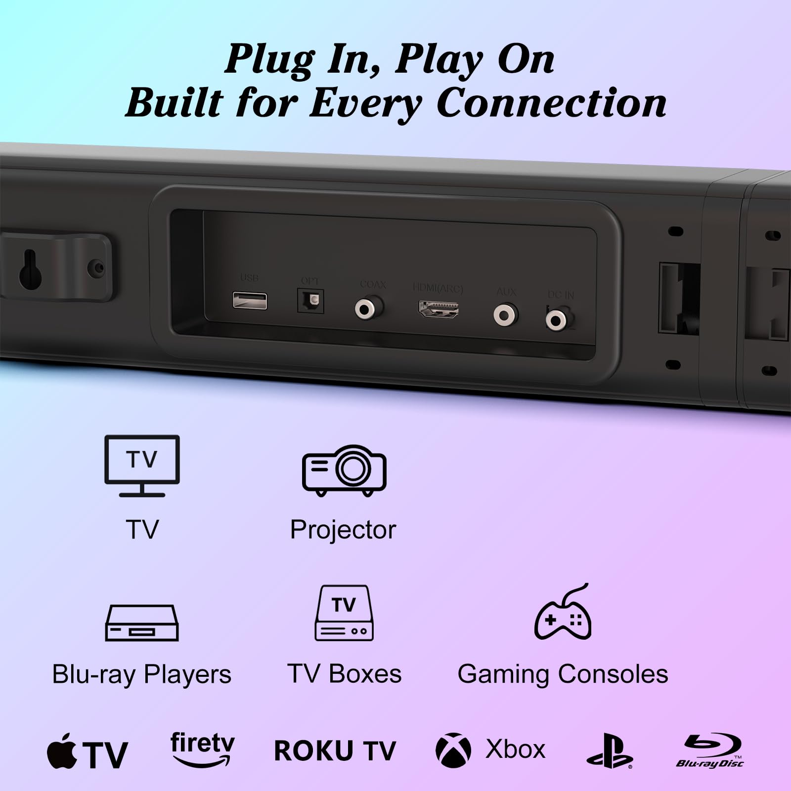 Tv Sound Bar, Soundbar With Rgb Led Lights & 2.1Ch Bluetooth Speaker Surround System, 180W Surround Sound, Aux/Optical/Hdmi Arc